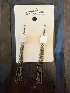 White Cube Cow horn Tassel Earrings with Antique style Gold Chains